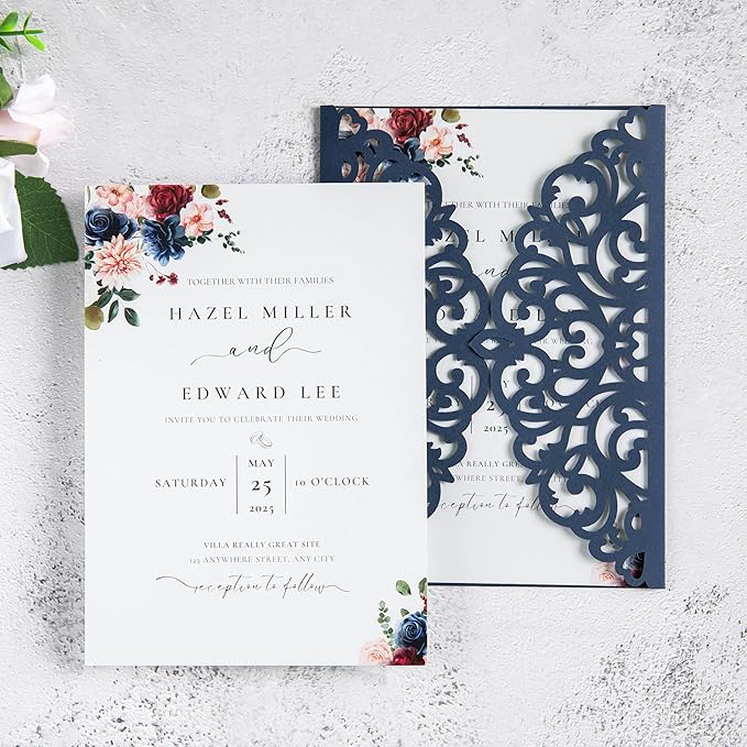 20Pcs Navy Blue Laser Cut Invitation Cards With Blank Inner Sheets for Wedding Cards Bridal Shower Engagement Quinceanera Invitation (No Envelopes)