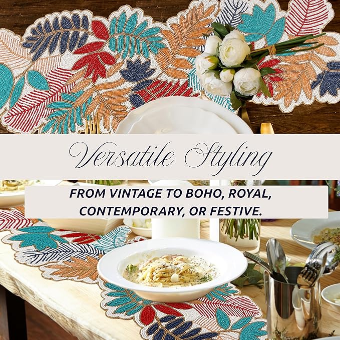 Beaded Table Runner 13x36 - Handmade Leaf Design, Glass Beads & Polyester Backing - Decorative Dining Table Centerpiece for Weddings, Parties, Thanksgiving, Christmas & Everyday Décor - CLEENTABLE