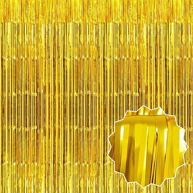 6 Pack Gold Foil Fringe Curtains Backdrop, 3.28 x 8.2 Ft Metallic Streamers Tinsel Curtains Background for Photo Booth, Birthday, Weddings, Carnivals, Graduation, Themed Party Decorations