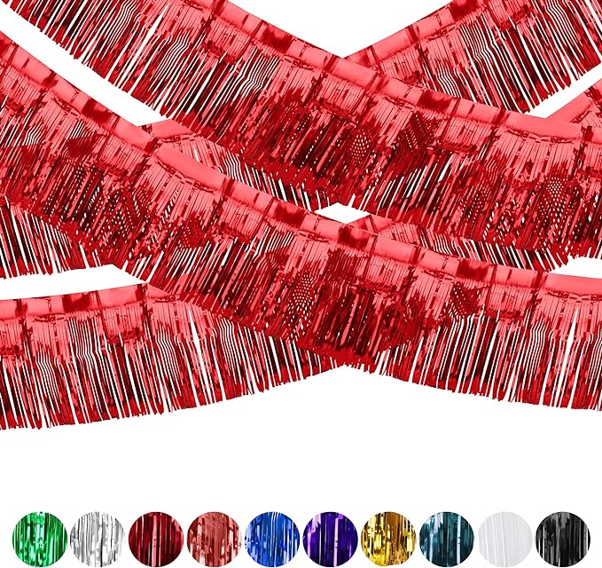 4 Pack Fringe Curtains, Metallic Foil Fringe Garland Shiny Tassel Float Parade Decorations for Trailer Car Graduation Homecoming Outdoor Indoor 4th of July Party (Red)