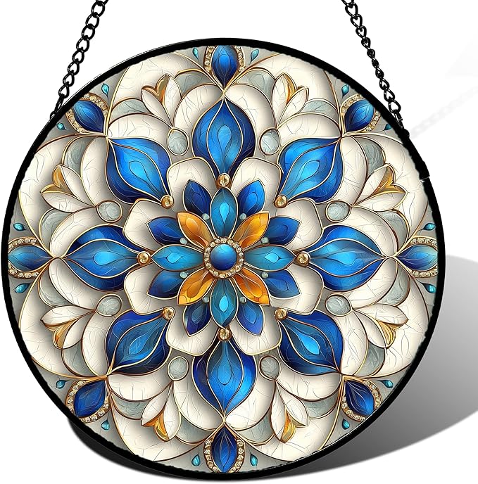 Stained Glass Window Hanging - Blue and White Abstract Flowers Suncatcher for Door Terrace Garden Home Decor, Gold Sun Catcher Birthday Gifts for Lovers Women Men Dad Mom Nana 15 in