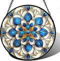 Stained Glass Window Hanging - Blue and White Abstract Flowers Suncatcher for Door Terrace Garden Home Decor, Gold Sun Catcher Birthday Gifts for Lovers Women Men Dad Mom Nana 9.8 in