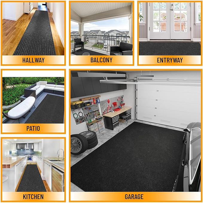 Ottomanson 2'7" x 7' Hallway Runner with Scraper Pile - Extra Durable Non-Slip Rug Mat for Indoor & Outdoor Use - Ideal for Kitchen, Entryway & Garage - High-Traffic Carpet, Black