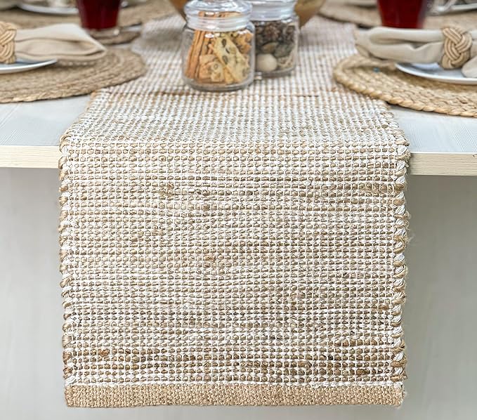 Chardin home Natural Jute Table Runner 13x90 Inch – Vintage Boho Rustic Table Decor – Handwoven Table Runner in Natural Jute and Ivory – Farmhouse Dining or Console Table Accent