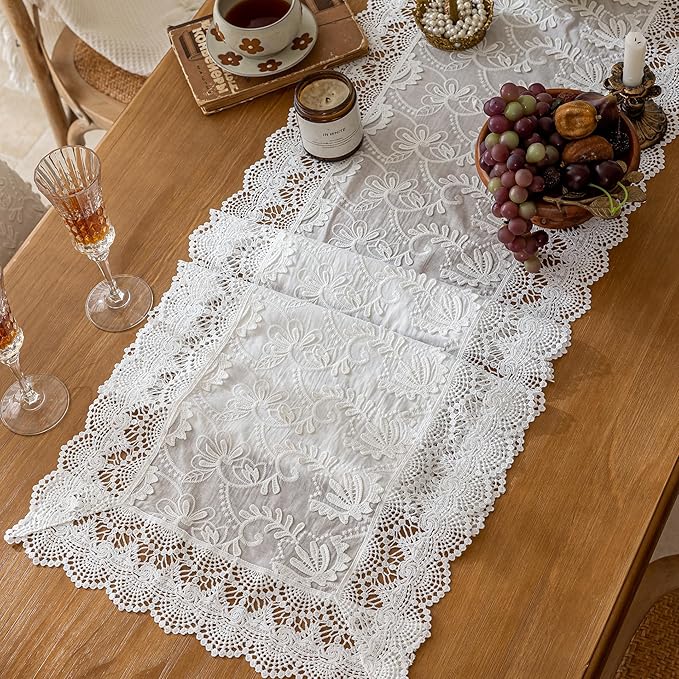 White Elegant Vintage Lace Table Runner,Wedding Lace Decor with Floral Embroidery,Tea Party Decor (White, 13.8X47 Inches)