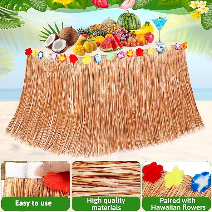 12PCS Hawaiian Table Skirt, Luau Themed Grass Table Skirt Party Supplies, Indoor Outdoor 108 X 29.5" Flower Tropical Hula Dance Parties Supplies Bulk, Table Skirt for Summer Beach Themed Party