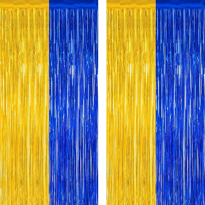 2 Pack Graduation Backdrop, 3.28 FT x 7.05 FT Class of 2025 Decorations, Blue Gold Fringe Curtains Tinsel Backdrop Party Streamer, Metallic Blue and Gold Graduation Decorations 2025