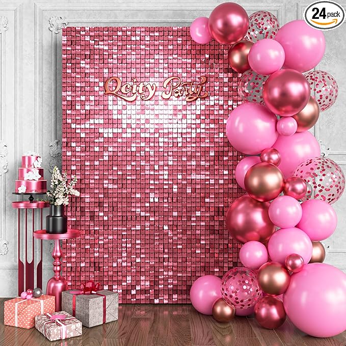 Qcity Pink Shimmer Wall Backdrop 24PCS, Black Back Not See-Through Design, Square Sequin Glitter Backdrop Panel, Perfect for Outdoor Events, Birthdays, Wedding and Party Decoration