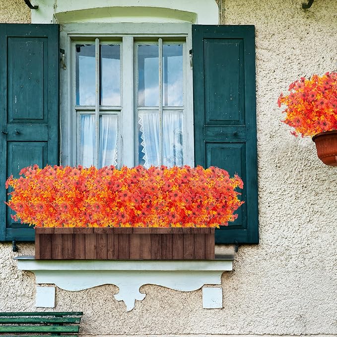 12 Bundles Artificial Fall Flowers Fake Plastic Plants Indoor Outside Hanging Planter No Fade Faux Autumn Plants Thanksgiving Christmas Wedding Party Home Garden Fireplace Décor (Gold Yellow)