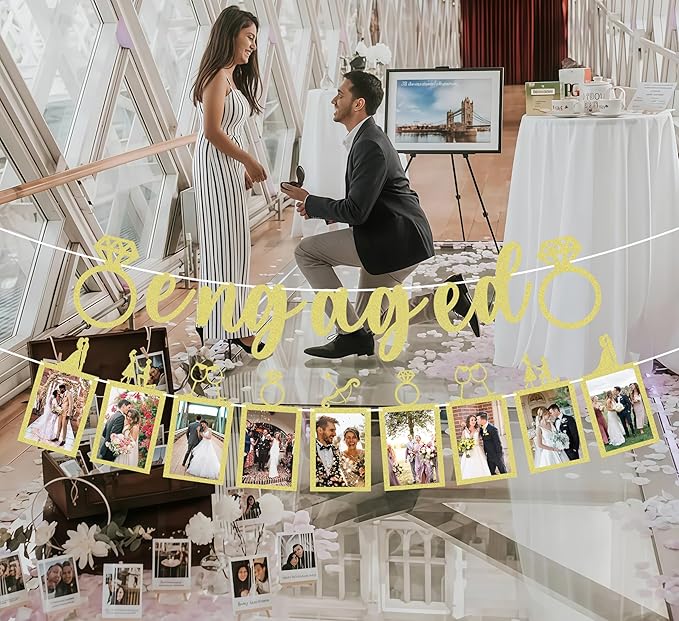 Pre-Strung Engaged Photo Banner - Gold Glitter Engagement Party Decoration Supplies with Romantic Memories Picture Card Frames for Bachelorette, Bridal Shower, Wedding Party Photo Booth Props