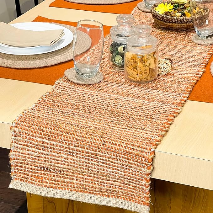 Chardin home Natural Jute Table Runner 13x72 Inch – Vintage Boho Rustic Table Decor – Handwoven Table Runner in Natural Jute and Rust Orange – Farmhouse Dining or Console Table Accent