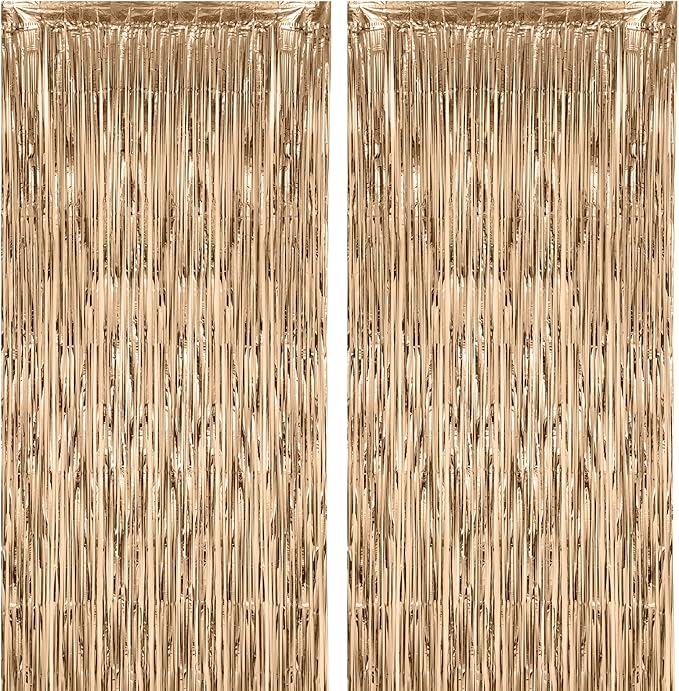 2 Pack Champagne Foil Fringe Backdrop Curtains, Tinsel Streamers Birthday Party Decorations, Fringe Backdrop for Graduation, Baby Shower, Gender Reveal, Disco Party