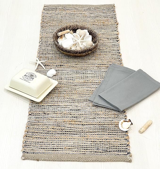 Chardin home Natural Jute Table Runner 13x36 Inch – Vintage Boho Rustic Table Decor – Handwoven Table Runner in Natural Jute and Grey – Farmhouse Dining or Console Table Accent