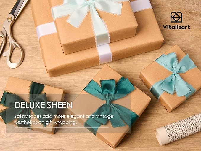 Vitalizart Silk Like Satin Ribbon 1 inch x 25 Yard Green & Sage Handmade Frayed Ribbons for Gift Wrapping Baby Shower Wedding Bridal Bouquets Holiday Decor
