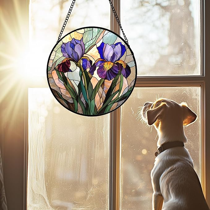 Stained Glass Window Hanging, Purple Blue Iris Birth Flower Suncatcher for Doors Garden Yard Sun Catchers Decor Christmas Mother's Day Birthday Gifts for Teacher Women Mom Nana Wife 7.8 in