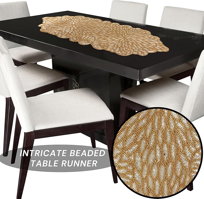 Metallic Bead Table Runner 13x36 Inches - Glass Beaded & Polyester Handcrafted Nautical Decor for Weddings, Christmas & Home Gatherings - Stain Resistant Dining Décor Accent (Gold) - CLEENTABLE