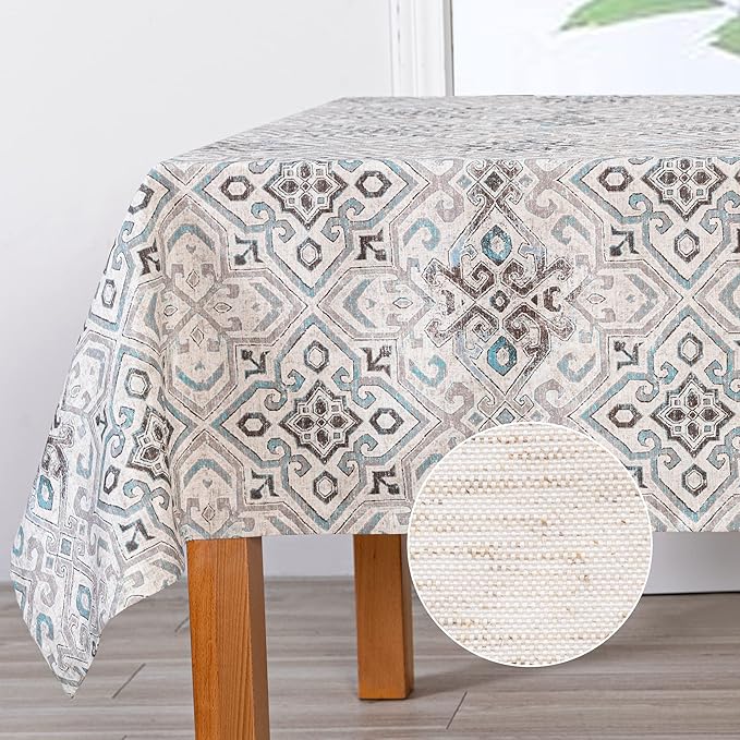 MYSKY HOME Rectangle Tablecloth 60x84 Inches -Linen Farmhouse Geometric Patterned Tablecloth Waterproof Decorative Washable Fabric Table Cloth for Kitchen Dining Moroccan Tablecloth, Grey