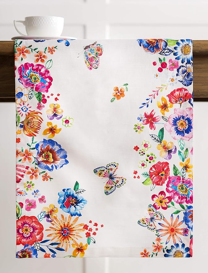 Maison d' Hermine Table Runner 100% Cotton Single Layer Table Runners 72 inches Long Decorative for Home Dining Party Wedding Bridal Shower Spring Summer (Happy Florals - High Summer, 14.50" x 72")