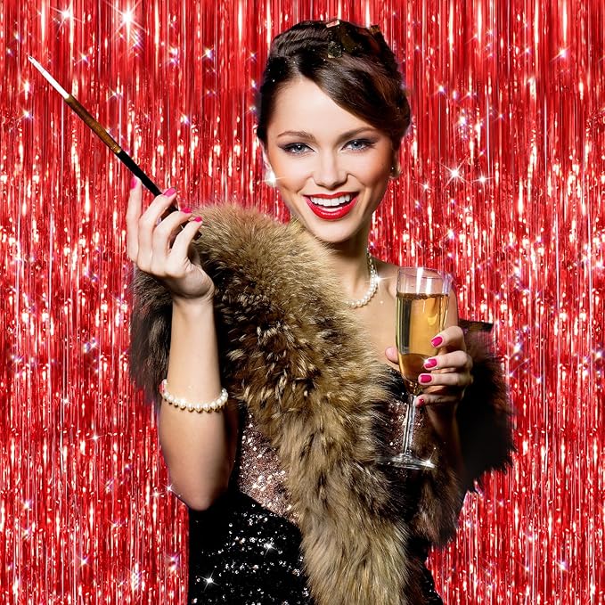 2Pack Red Foil Fringe Curtain, Glitter Red Metallic Tinsel Foil Fringe Curtains Photo Booth Backdrop for Birthday Party, Door Streamers for Wedding Bridal Shower Bachelorette Xmas Party Decorations
