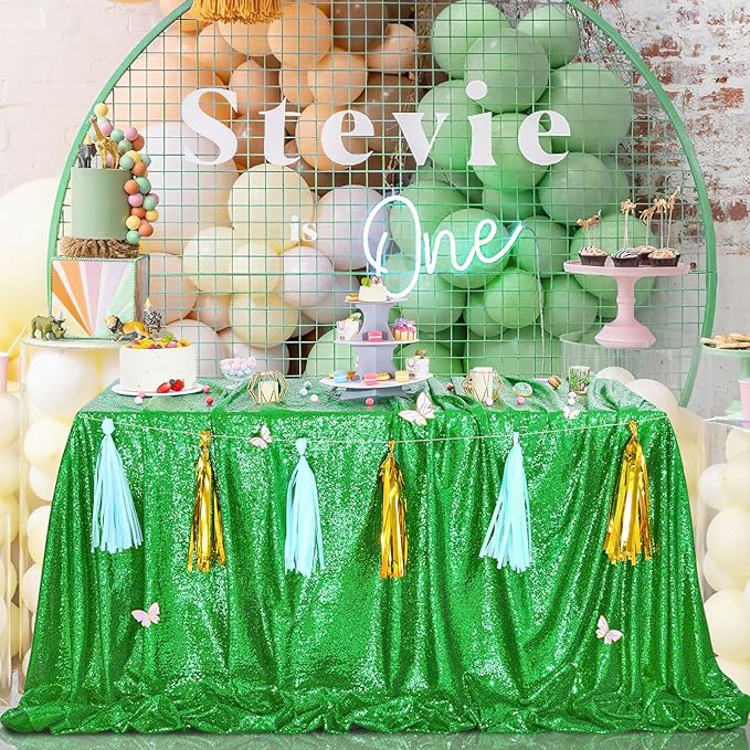 QueenDream Rectangle Tablecloth 90x132 Inches Green Sequin Table Clothes Overlay Birthday Decorations