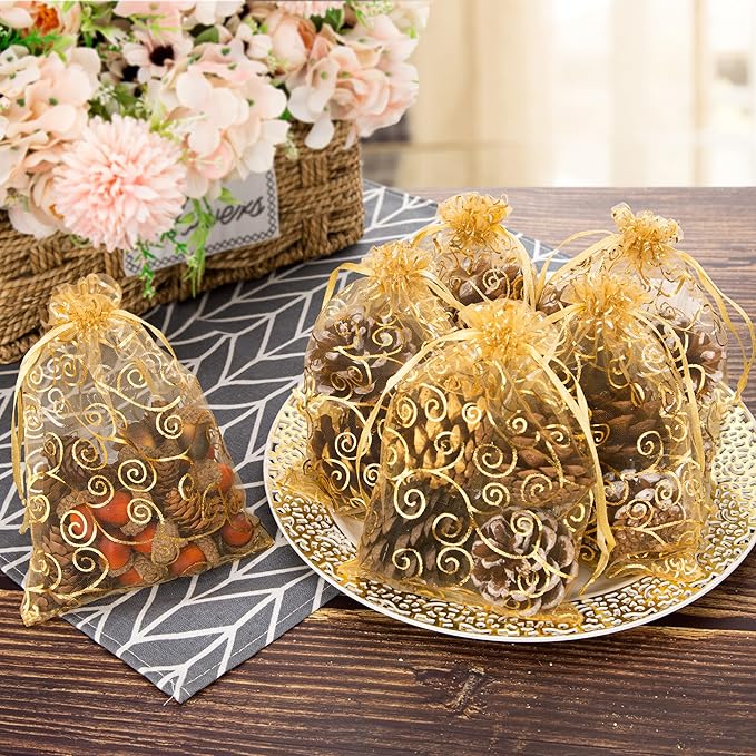 Staruby Organza Gift Bags 100Pcs Gold Sheer Organza Bag 5x7 Inch Mesh Favor Bags Drawstring Jewelry Rattan Printed Gift Pouches for Wedding Party Favors Couple Shower Christmas Gifts Candy Bags