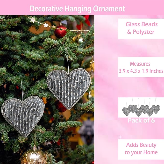 Set of 6 Beaded Heart Ornaments - Rustic Hanging Love Decorations, Farmhouse Wall Decor, Romantic Gifts for Her, Him, or Couples - Handmade Valentine’s Day & Mother’s Day Decor (Grey) - CLEENTABLE