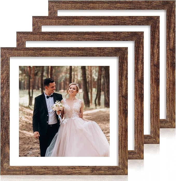 12x12 Picture Frame Set of 4 with Tempered Glass, Rustic Frame Display 10x10 Pictures with Mat or 12 x 12 Without Mat, Wood Square Photo Frames for Desktop Display and Wall Mounting