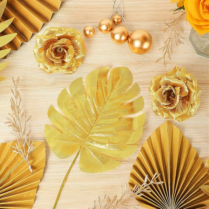 26 Pieces Happy Birthday Cake Topper Gold Cake Decorations Palm Leaves Balls Cupcake Toppers Floral Flower Artificial Leaves for Birthday Wedding(Gold)