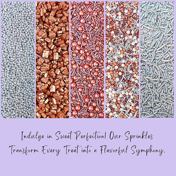 Confect-Rose Gold Edible Cake Sprinkles Mix – Pearl Dragees, Silver & Copper Jimmies, Bronze Sparkling Sugar – White, Rose Gold, Silver Glam Sprinkle Set for Cake Decorating, Baking & Cupcakes- Vegan, Gluten-Free, Nut-Free, Soy-Free, Dairy-Free, Palm O...