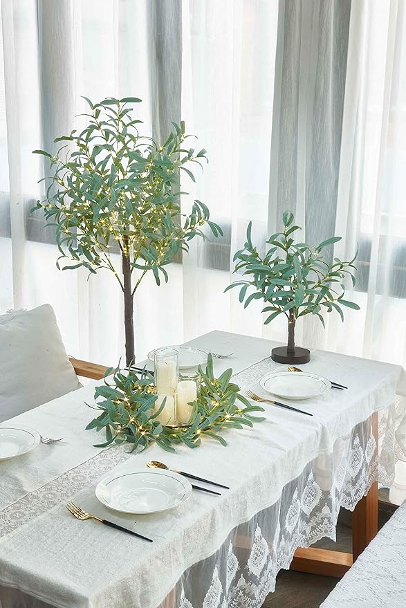 LITBLOOM Lighted Tabletop Olive Tree 18IN 50 LED Fairy Lights with Timer Battery Operated or USB Plug in Bonsai Tree for Wedding Christmas Spring Home Decoration