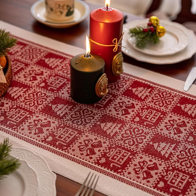 Table Runners 48 Inches,Christmas Tree Table Runner with Tassel Fringe, Gift Table Runner for Party，Coffee Table, Festival