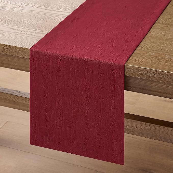 ZeeMart Linen Textured Border Table Runner, 14 x 48 Inch Red, Farmhouse Style Red Table Runners 48 Inches Long, Easy Care Everyday Polyester Table Runner