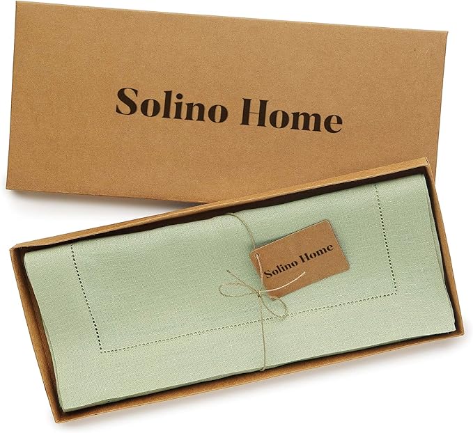 Solino Home Linen Table Runner 48 Inches - 100% Pure Linen Sage Green Hemstitch Table Runner 14 x 48 Inch Ideal for Dresser and Coffee Tables - Fall, Thanksgiving, Christmas - Classic Hemstitch