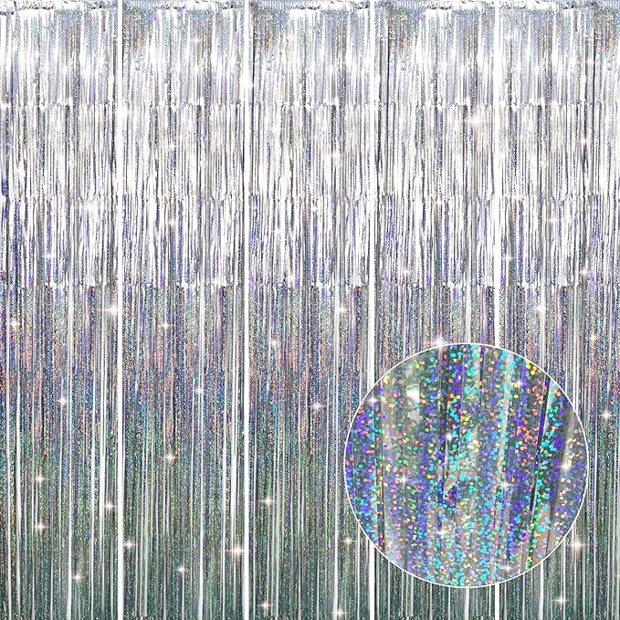 GOER 3.2 ft x 8.2 ft Metallic Tinsel Foil Fringe Curtains Party Photo Backdrop Party Streamers for Birthday,Graduation,New Year Eve Decorations Wedding Decor (5 Packs,Shiny Silver)