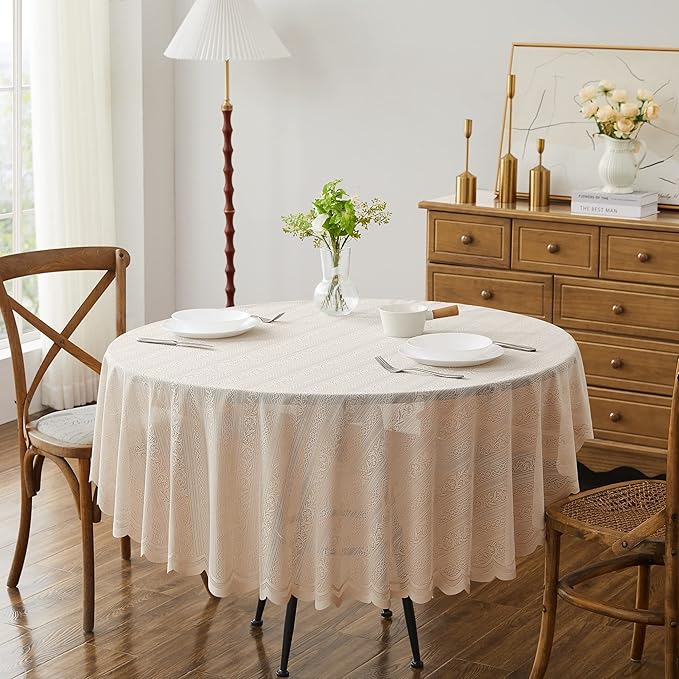 LinenZone Lace Round Tablecloth with Elegant Scalloped Bottom for Any Special Event Such as Wedding, Birthday Party, Baby Shower, Anniversary. Sits 6 to 8 People. (Linda 90 Round, Linen)