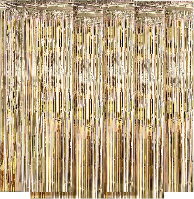 5 Pack Champagne Gold Fringe Curtains (3.2ft x 8.2ft) for Birthday, Wedding, Christmas Decoration