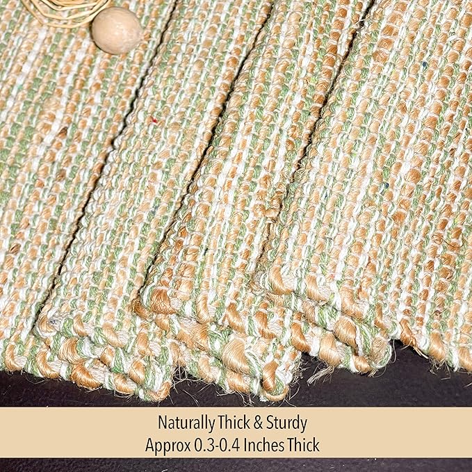 Chardin home Natural Jute Table Runner 13x90 Inch – Vintage Boho Rustic Table Decor – Handwoven Table Runner in Natural Jute and Sage Green-White – Farmhouse Dining or Console Table Accent
