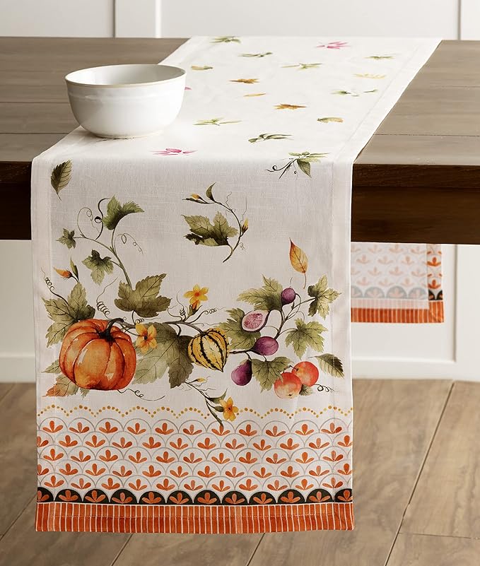 Maison d' Hermine Table Runner 100% Cotton Single Layer Table Runners 72 inches Long for Thanksgiving Christmas Decorations Home Kitchen Dining Wedding (Pumpkin Garden - Cloudy Cream, 14.5" x 72")