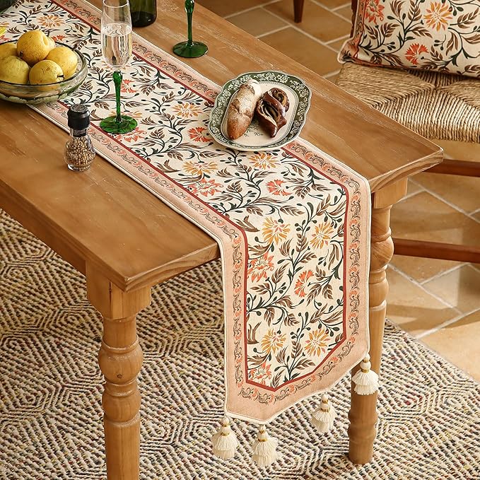 ISAENNE Designer French Elegant Linen Table Runner 71 Inches Long,Farmhouse Lily Pattern Decor Table Runners for Dining Tables,Thanksgiving,Kitchen Tables,Christmas,12"*71"-Aurora A