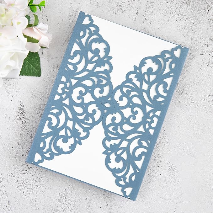 20Pcs Dusty Blue Laser Cut Invitation Cards With Blank Inner Sheets for Wedding Cards Bridal Shower Engagement Quinceanera Invitation (No Envelopes)
