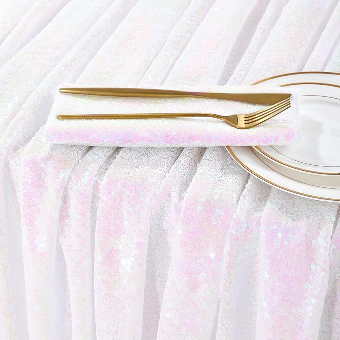 QueenDream Iridescent White Sequin Tablecloth 60 x102 Inch Mermaid Rectangle Tablecloth Overlay for Wedding Birthday Parties Decorations