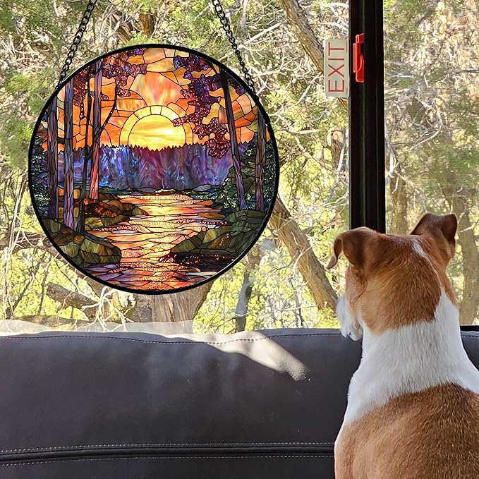 Stained Glass Window Hanging, Orange Landscape Green Purple Lake Forest Suncatcher for Doors Window Home Sun Catchers Decor Mother's Day Birthday Gifts for Women Men Mom 9.8 in