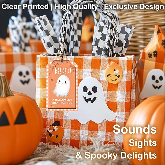 50 Pcs Halloween Tags with String, 2.1"×3.5" Boo Paper Gifts Tags, Ghost Trick or Treat for Candy, Halloween Gifts Tag Wrap for Party Favor - B08