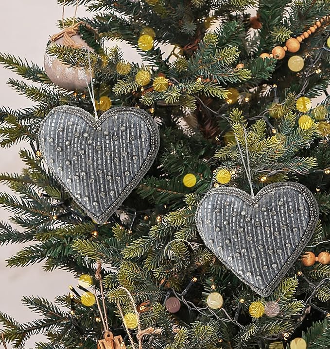 Set of 6 Beaded Heart Ornaments - Rustic Hanging Love Decorations, Farmhouse Wall Decor, Romantic Gifts for Her, Him, or Couples - Handmade Valentine’s Day & Mother’s Day Decor (Grey) - CLEENTABLE