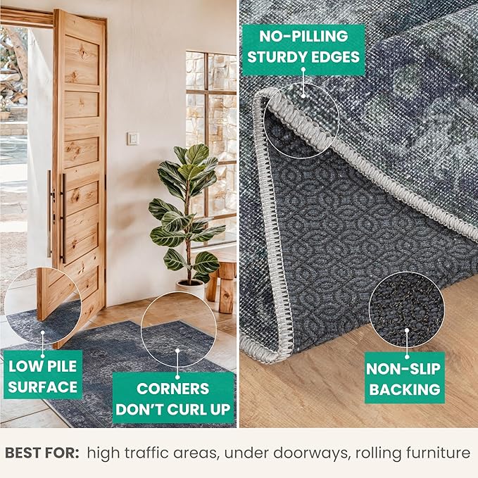 Bloom Rugs Washable Non-Slip 6' x 9' Rug - Dark Teal Traditional Medallion Area Rug for Living Room, Bedroom, Dining Room, and Kitchen - Exact Size: 6' x 9'