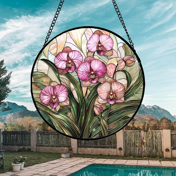 Stained Glass Window Hanging - Pink Phalaenopsis Orchid Green Leaves Sun Catcher for Door Home Decor Flower Suncatcher Christmas Mother's Day Birthday Gifts for Women Men Mom Nana 7.8 in