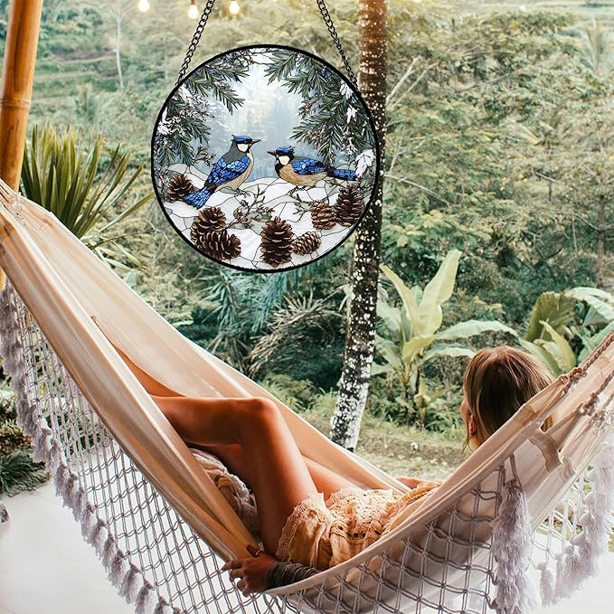Stained Glass Window Hanging - Blue Bird Winter Forest Landscape Suncatcher for Door Garden Yard Sun Catchers Decor Christmas Mother's Day Birthday Gifts for Women Mom Nana Friend 9.8 in