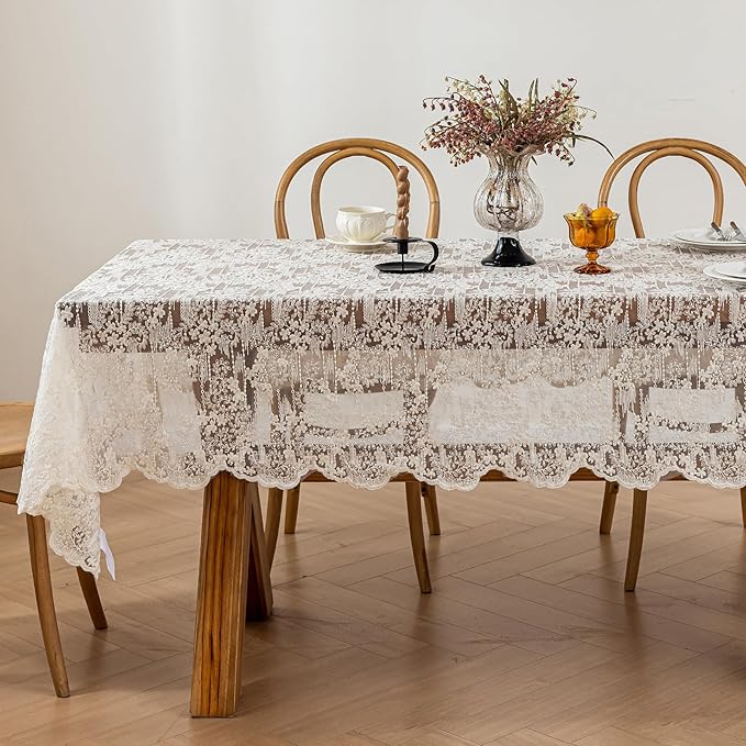 Lace Embroidered Tablecloth. Rectangle Lace Vintage Tablecloth Dustproof Table Protector for Kitchen Dining Room Party Banquet Home Picnic Wedding Decoration (Creamy White 90.5×53 inch)