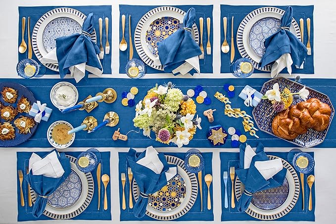 Solino Home Linen Indigo Blue Table Runner 90 Inches Long - 100% Pure Linen 14 x 90 Inch Table Runner for Fall, Autumn, Christmas - Classic Hemstitch