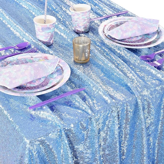 QueenDream Baby Blue Party Tablecloth Decoration: Rectangle Shimmer Mermaid Tablecloth 90x90 Inch Sequin Cloth Frozen Birthday Decorations